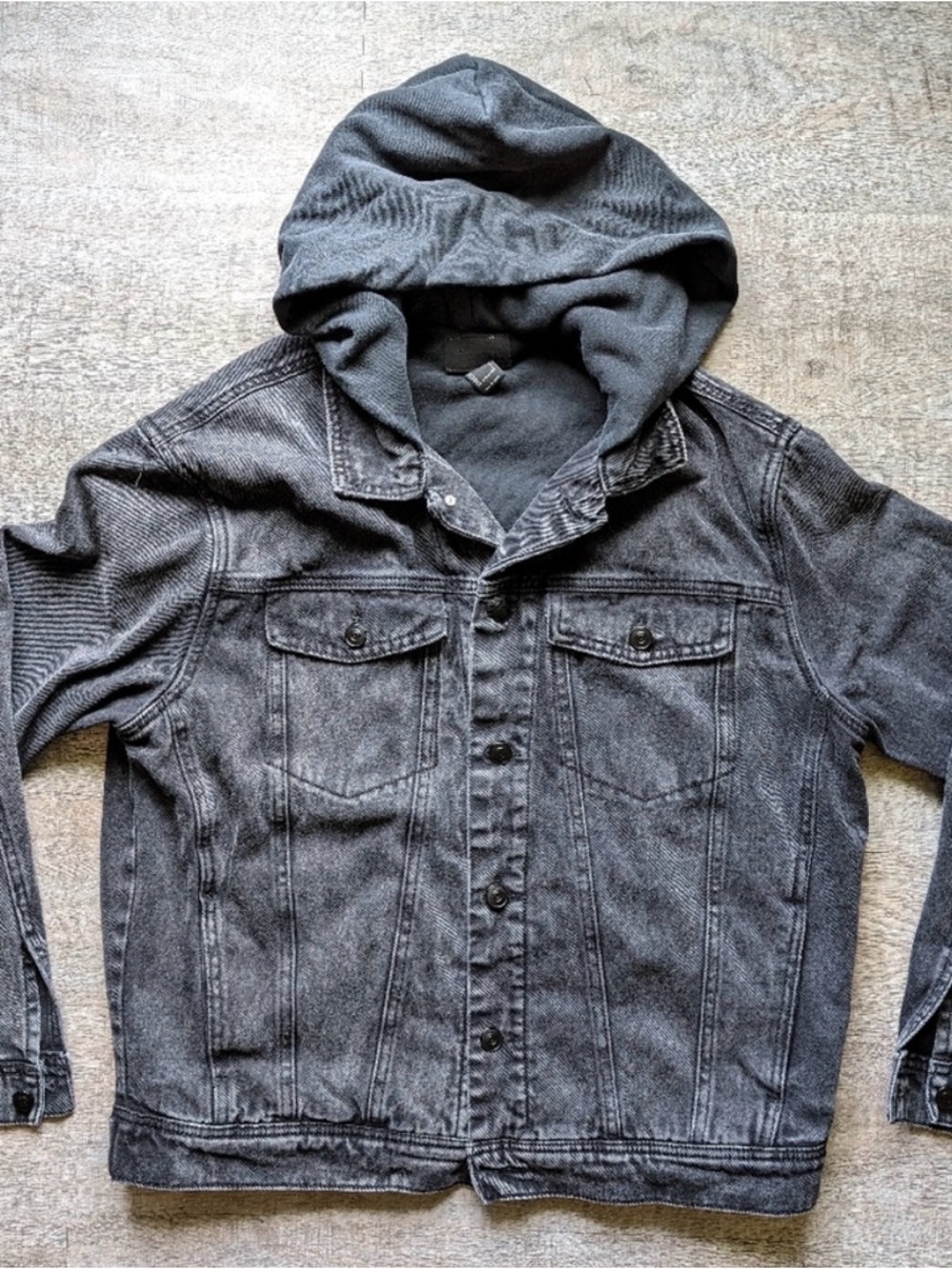 Forever 21 Men's Washed Black Hooded Denim Jacket